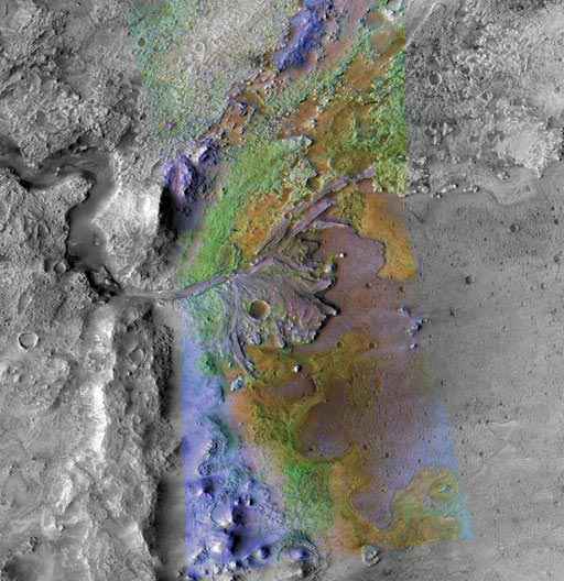 La zona de color en la fotograf�a muestra el delta del cr�ter Jezero, que pudo haber sido un lago. (Foto: NASA | Brown University