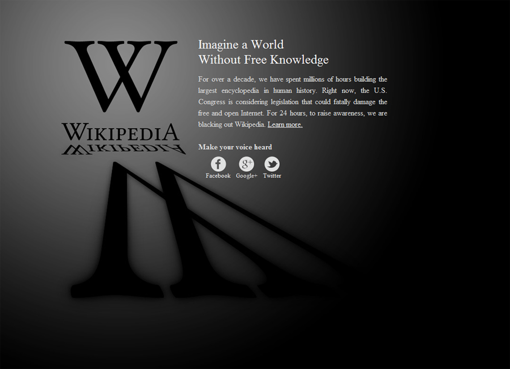 P�gina de Wikipedia en Ingl�s en protesta por la posible aprobaci�n de la Ley SOPA que implicar�a la censura de Internet