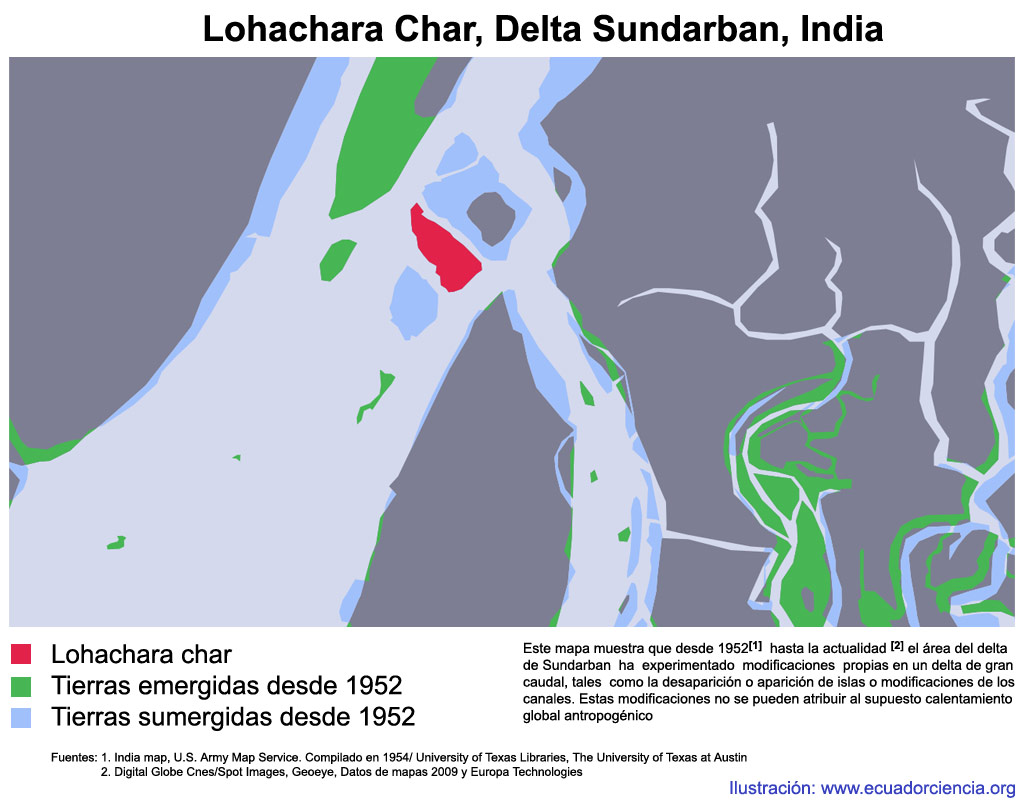 Mapa de Lohachara Char mostrando las �reas emergidas y sumergidas en los �ltimos a�os, algunas isletas han desaparecido, otras han aparecido e incluso de mayor tama�o.