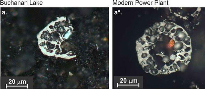 Part�culas de nubes de ceniza de finales del P�rmico, en el lago Buchanan (izda). Las part�culas de la derecha son de una planta de energ�a moderna. Foto: Hamed Sanei.
