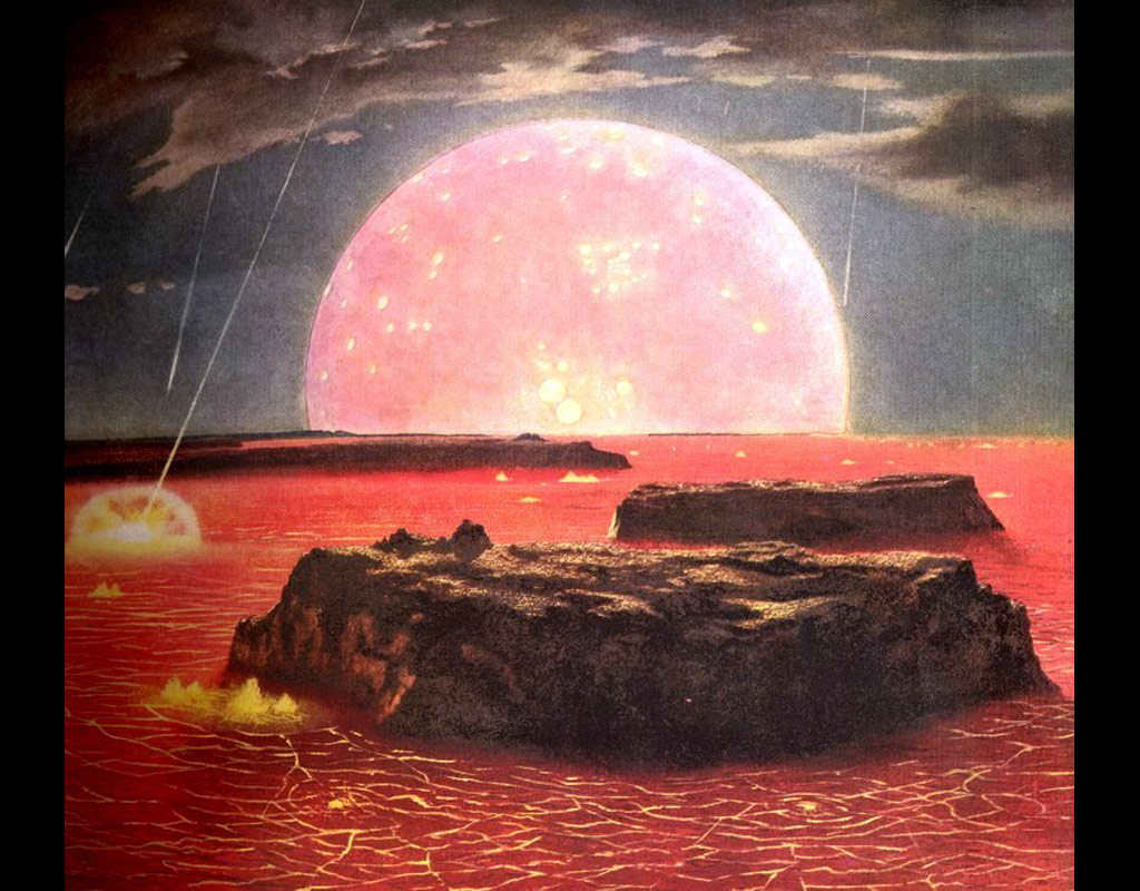 Tierra primitiva seg�n lo ilustr� Chesley Bonestell. Hoy en d�a se cree que el e�n hadeico o hadeano fue mucho m�s hospitalario de lo que se pensaba.