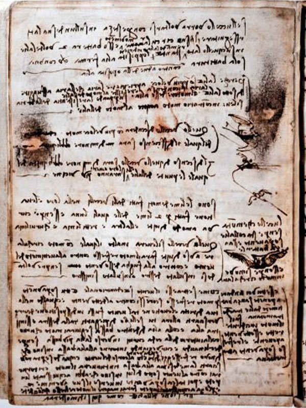 Imagen cedida por la cadena de televisi�n italiana RAI del manuscrito C�digo del Vuelo de las Aves del artista italiano Leonardo Da Vinci en la que se ha descubierto el dibujo. Foto: Guido Montani