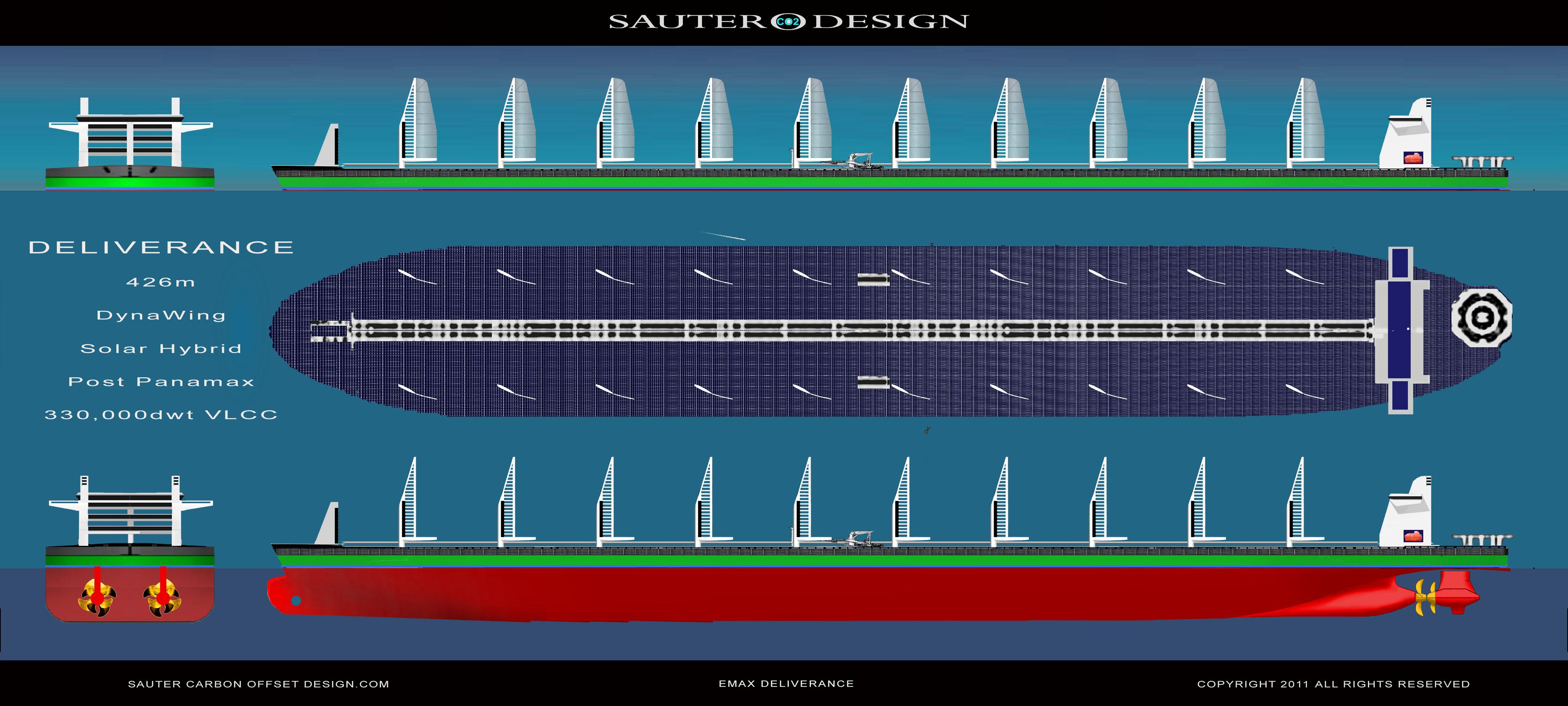 Esquema de la nave nave Emax Delivarance. El dibujo muestra la forma del casco bajo el agua y la disposici�n de propulsi�n doble empujador de una  h�lice y un contador de h�lice que gira extractor en una c�psula dirigible.