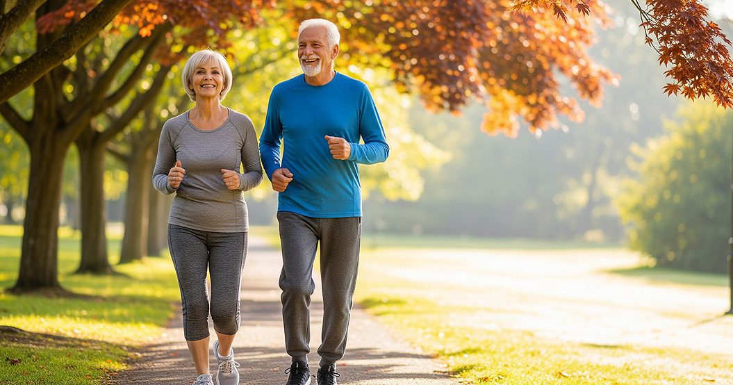 Adultos mayores haciendo deporte parque. Imagen: IA / prompt: Danny Ayala Hinojosa
