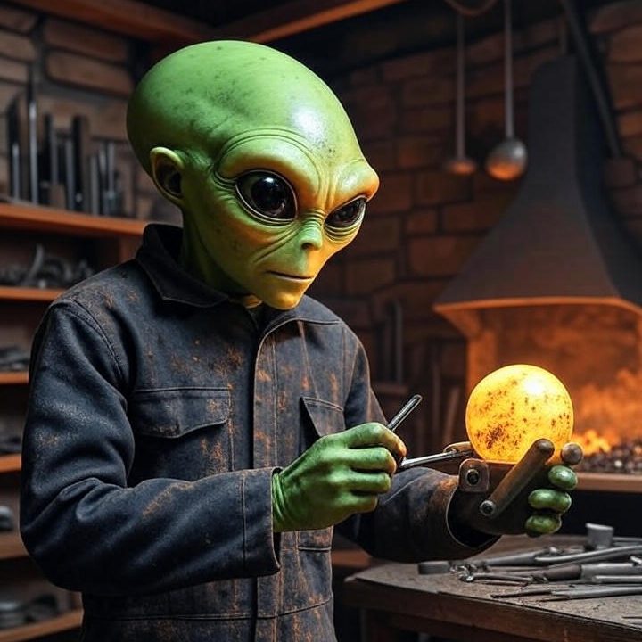 Alienigena fabricando una esfera. Imagen: IA / prompt: Danny Ayala Hinojosa