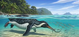 Crossvallia waiparensis cazando en las costas de Nueva Zelanda. Imagen: IA / Prompt: Danny Ayala Hinojosa