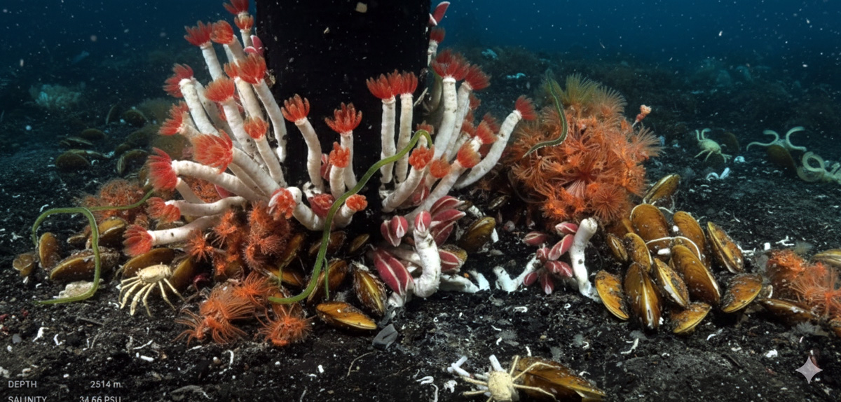 Gusanos tubícolas, poliquetos, cangrejo y mejillones hallados en Fava Flow Suburbs. Imagen: IA / insumo: Schmidt Ocean / prompt: Danny Ayala Hinojosa