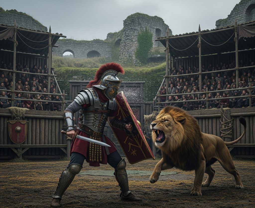 Gladiador romano combate a león. Imagen: IA / Prompt: Danny Ayala Hinojosa