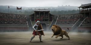 Las luchas de gladiadores no se limitaron a Roma, existieron en todo el imperio, esta escena bien pudo ocurrir en Britania. Imagen: IA / prompt: Danny Ayala Hinojosa