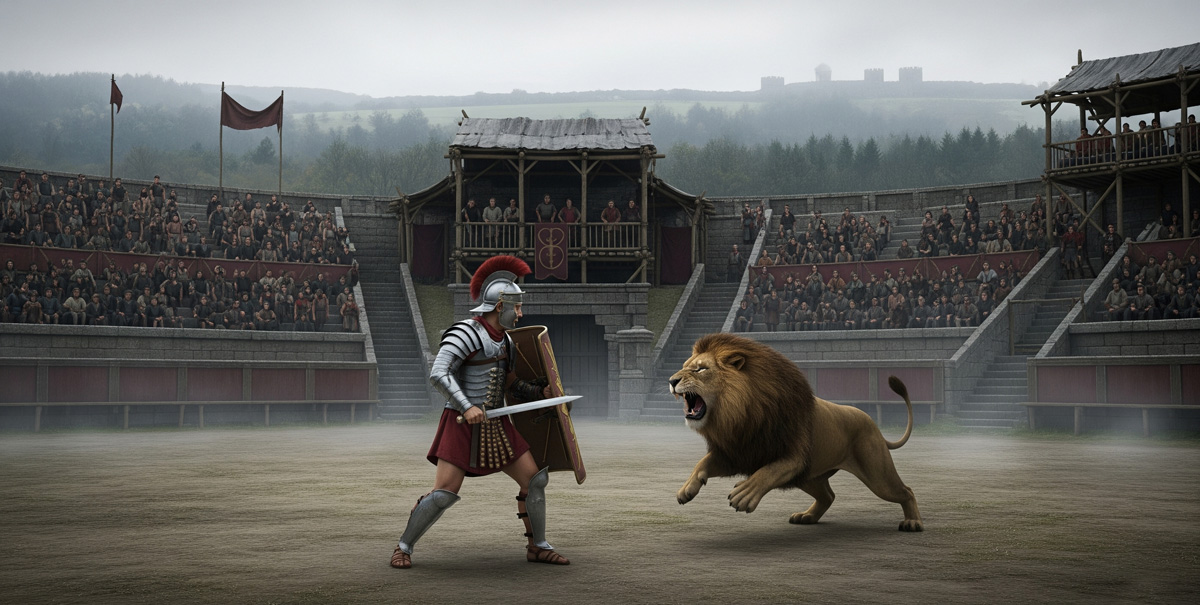 Las luchas de gladiadores no se limitaron a Roma, existieron en todo el imperio, esta escena bien pudo ocurrir en Britania. Imagen: IA / prompt: Danny Ayala Hinojosa