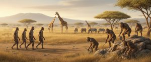 Grupos de géneros Homo y Australopithecus en la sabana de Afar. Imagen: IA / Prompt: Danny Ayala Hinojosa
