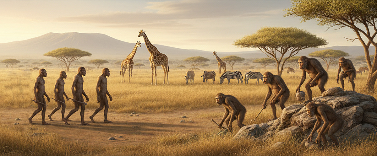 Grupos de géneros Homo y Australopithecus en la sabana de Afar. Imagen: IA / Prompt: Danny Ayala Hinojosa