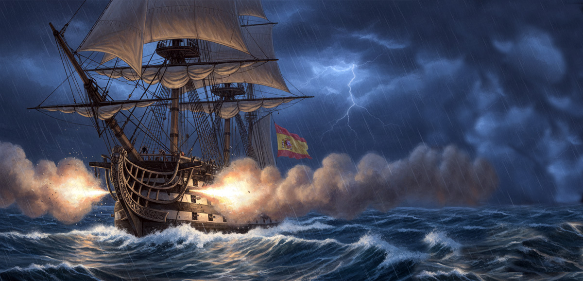 Nao Santa Ana abriendo fuego. Imagen: IA / Prompt y edición: Danny Ayala Hinojosa