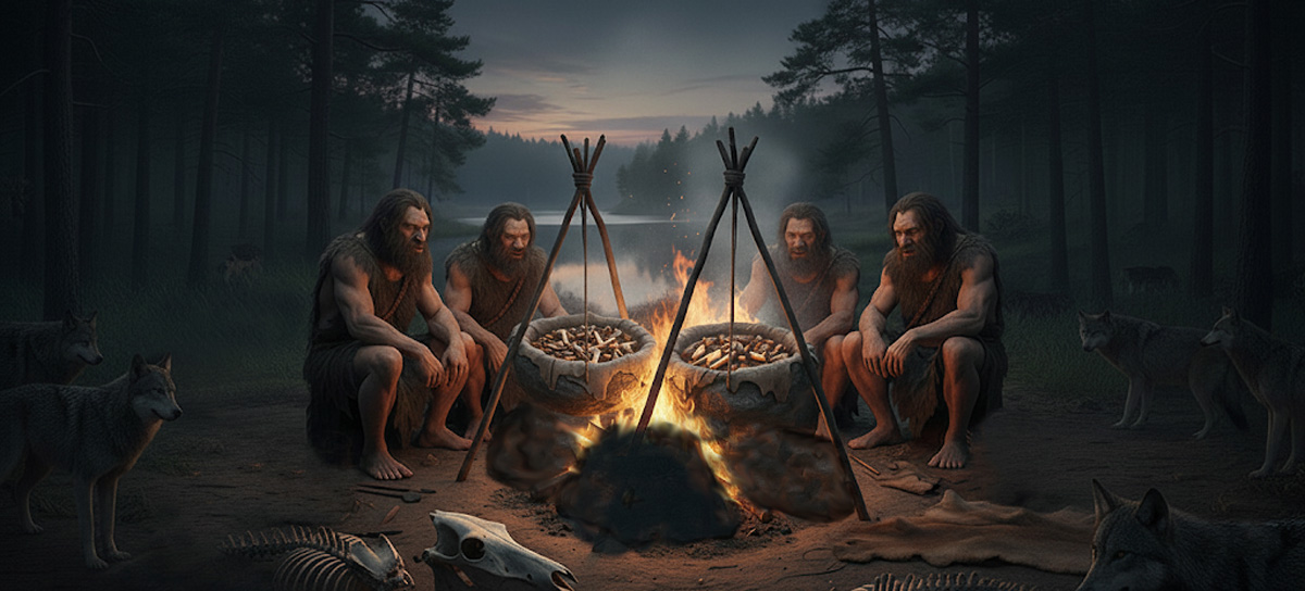Neandertales cocinando con rocas calientes. Imagen: IA / prompt: Danny Ayala Hinojosa