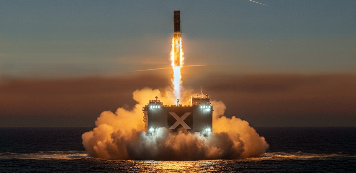 Aterrizaje etapa Falcon-9. Imagen: IA / prompt: Danny Ayala Hinojosa