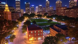 Ciudad nocturna con vegetación. Imagen: IA / Prompt: Danny Ayala Hinojosa