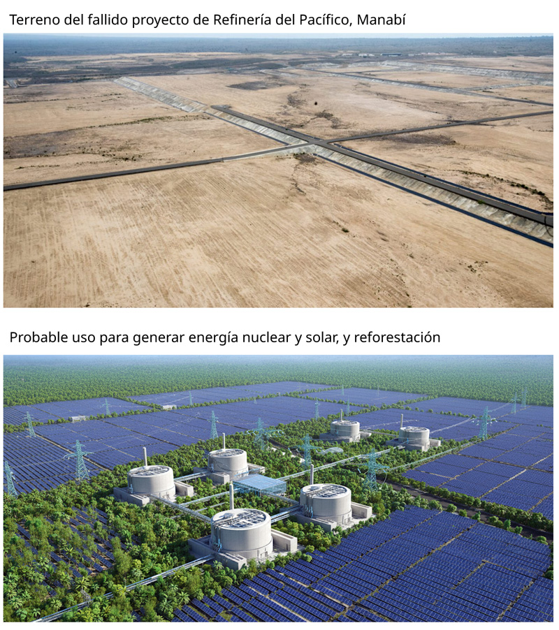 Ecuador podría usar el terreno del fraudulento proyecto de Refinería del Pacífico para generar energía nuclear y solar, así como para reforestación. Imagen: IA / prompt: Danny Ayala Hinojosa.