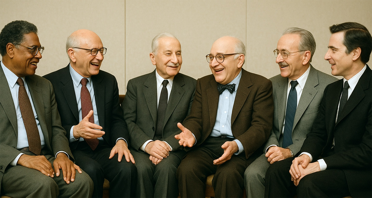 Thomas Sowell, Milton Friedman, Ludwig von Mises, Murray Rothbard, F.A. Hayek y Frédéric Bastiat si hubieran coincidido en el tiempo. Imagen: IA / Prompt: Danny Ayala Hinojosa