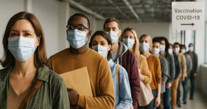 Fila para vacunación contra el Covid 19. Imagen: IA / prompt: Danny Ayala Hinojosa