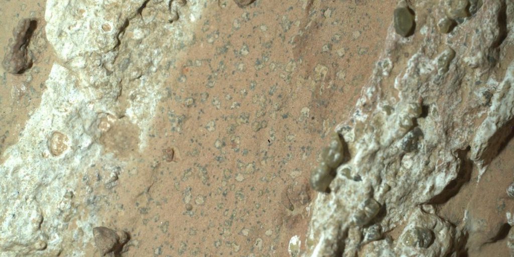 Patrón de manchas "leopardo" en la roca marciana estudiada. Las reacciones químicas en la roca pudieron dar soporte a vida microbiana. Imagen: NASA/JPL-Caltech/MSSS