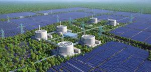 Plantas nucleares y paneles solares en El Aromo. Imagen: IA / prompt: Danny Ayala Hinojosa