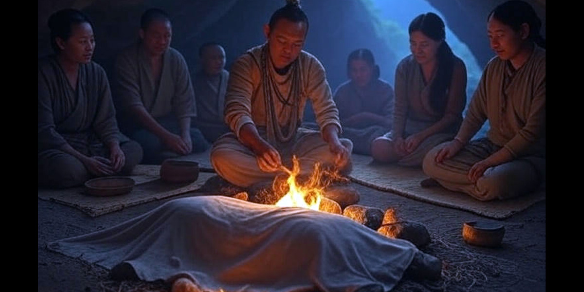 Rito de momificación por ahumado practicado en el sudeste de Asia 10 mil años a.C. Imagen: IA / prompt: Danny Ayala Hinojosa