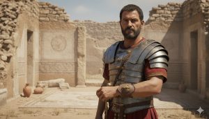 Soldado romano usando un fósil como brazalete. Imagen: IA / prompt: Danny Ayala Hinojosa