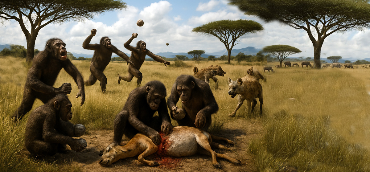 Hominidos cazando en las sabanas. Imagen: IA / prompt: Danny Ayala Hinojosa