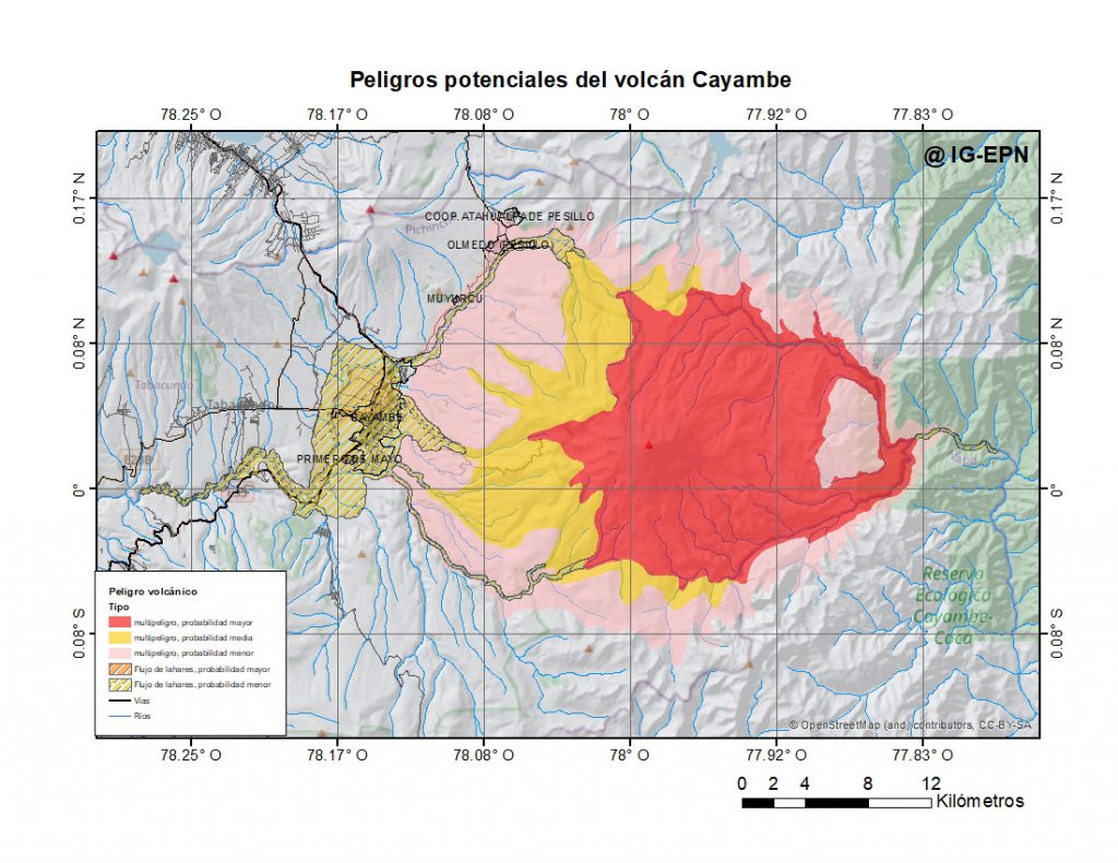 Mapa de riesgos volcánicos del volcán Cayambe. Imagen: IG / EPN