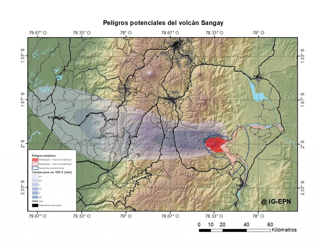 Mapa de riesgos del Volcán Sangay. Imagen: IG / EPN