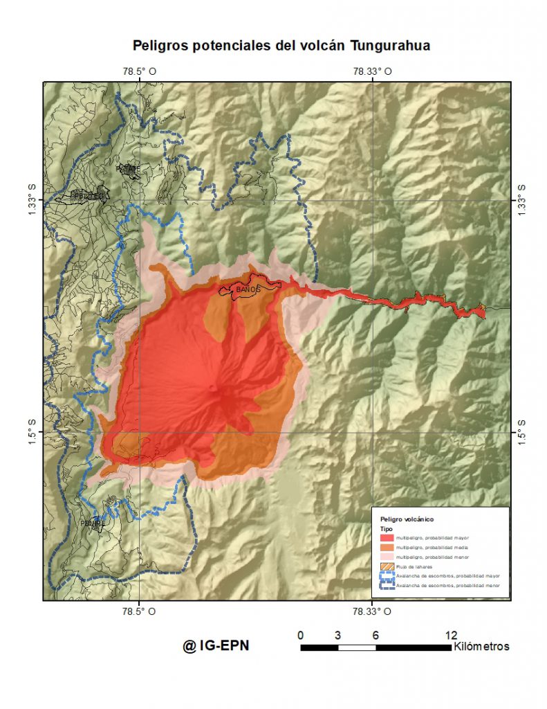 Mapa de Riesgos del volcán Tungurahua. Imagen: IG / EPN.