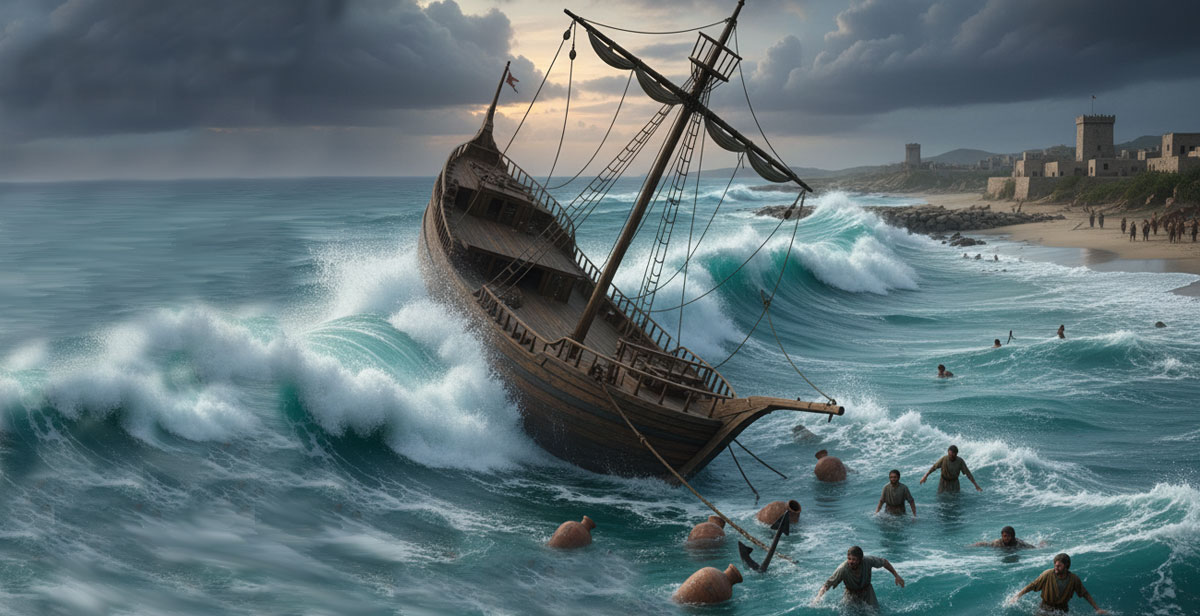 Naufragio en Dor Israel. Imagen: IA / prompt: Danny Ayala Hinojosa