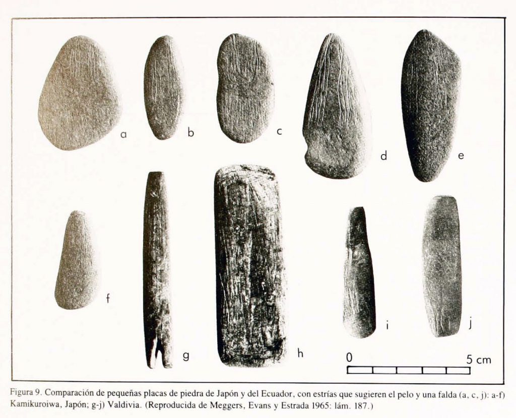 Piezas de Ecuador y Japón. Imagen: Boletín del Museo Chileno de Arte Precolombino. No 2, 1987 Santiago de Chile.