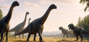 Alamosaurus y Tiranosaurios Rex en Norteamérica. Imagen: IA / prompt: Danny Ayala Hinojosa