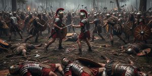 Batalla romana en bosques centro europeos. Imagen: IA / prompt: Danny Ayala Hinojosa