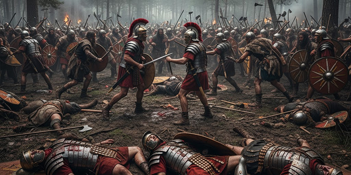 Batalla romana en bosques centro europeos. Imagen: IA / prompt: Danny Ayala Hinojosa
