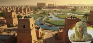 ciudad de Imet, y estatuilla encontrada. Foto: Universidad de Manchester. Imagen y edición: IA / Danny Ayala Hinojosa