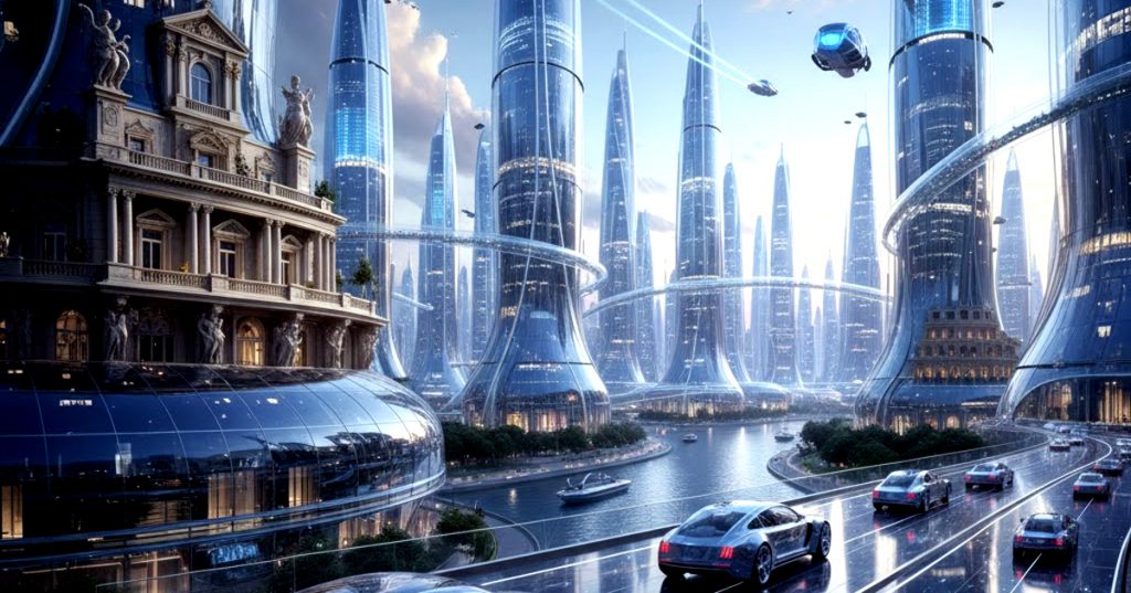 Ciudad y autos utilizando cristales inteligentes en el futuro.