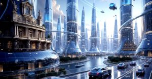 Ciudad y autos utilizando cristales inteligentes en el futuro.