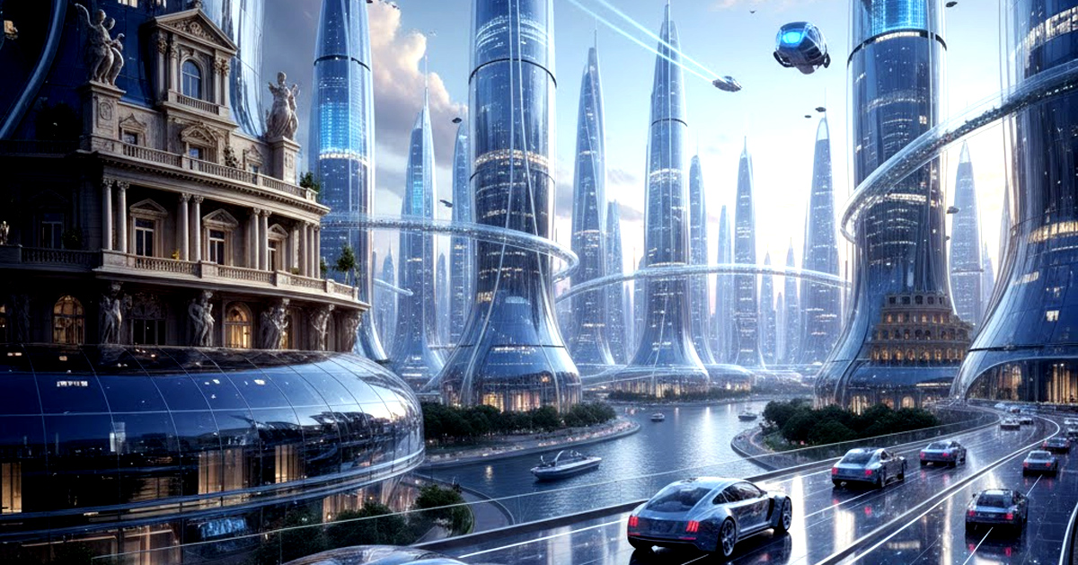 Ciudad y autos utilizando cristales inteligentes en el futuro.