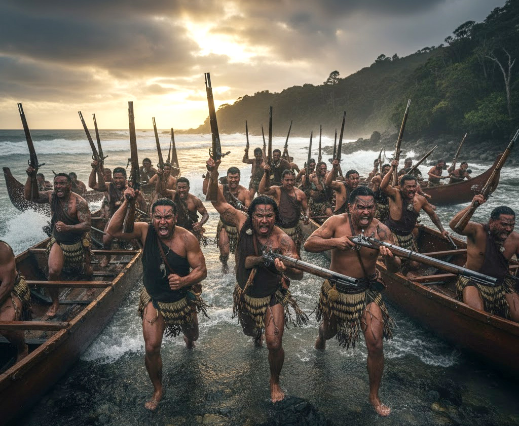 Guerreros maoríes desembarcan hacia una guerra de exterminio