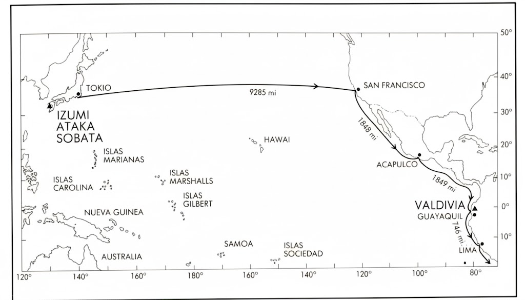 Ruta del Yasei-go III. El viaje de Tokio a San Francisco tomó 51 días, y casi 6 meses para llegar a Guayaquil. Imagen: Boletín del Museo Chileno de Arte Precolombino. No 2, 1987 Santiago de Chile.