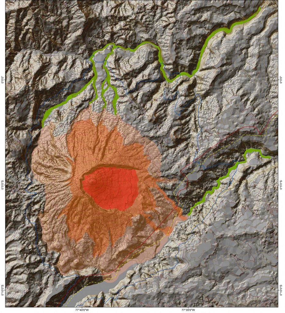 Mapa de peligros del Volcán Reventador. Imagen: IG / EPN.