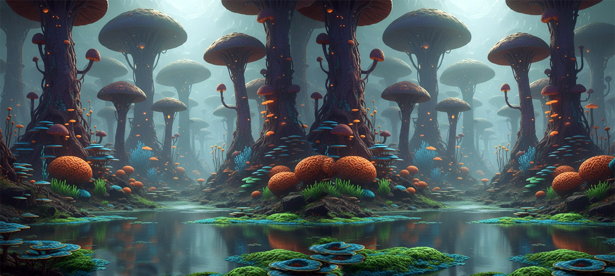 Era mesoproterozoica, el reino de los hongos. Imagen: IA / prompt: Danny Ayala Hinojosa