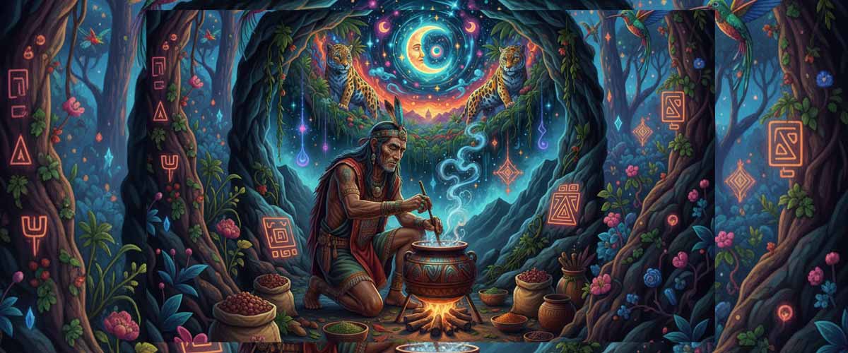 Shaman en la selva creando un coctél e sustancias psicodélicas. Imagen: IA / prompt: anny Ayala Hinojosa
