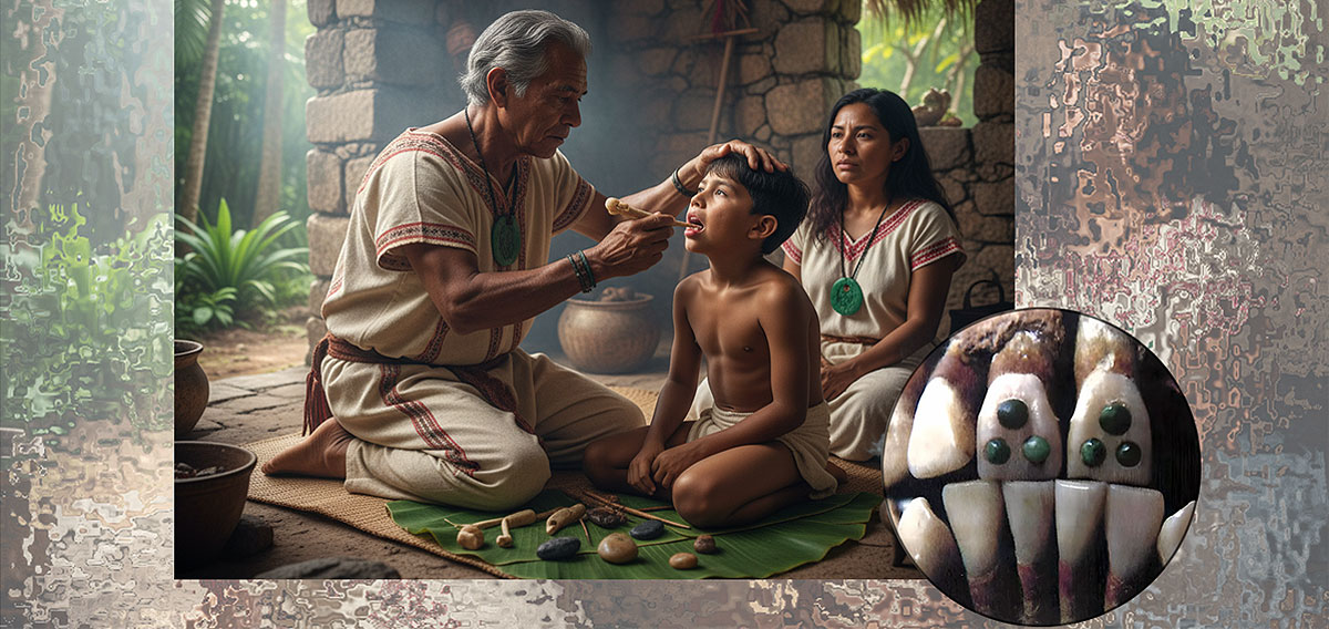 Un curandero maya realiza un trabajo dental. Imagen: IA / prompt y edición: Danny Ayala Hinojosa. Inserto: Ivan Diaz M.