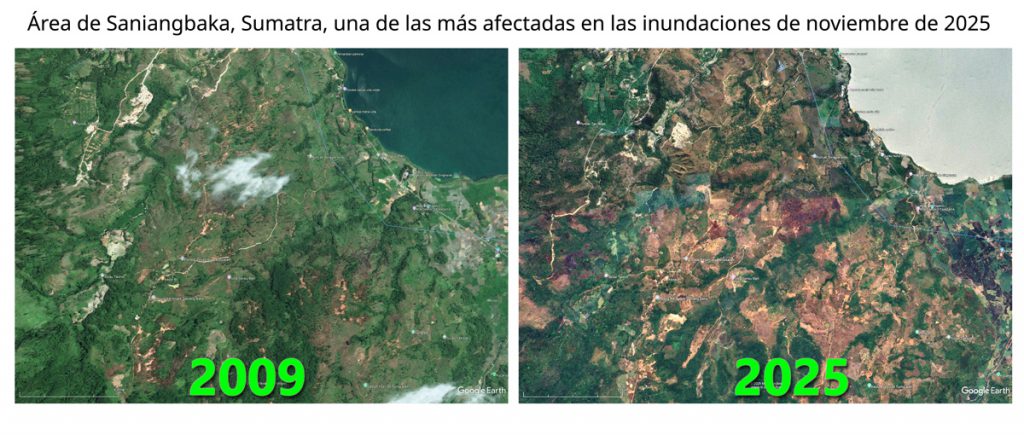 Área de Saniangbaka, Sumatra, una de las más afectadas en las inundaciones de noviembre de 2025. Mapas: Google Earth