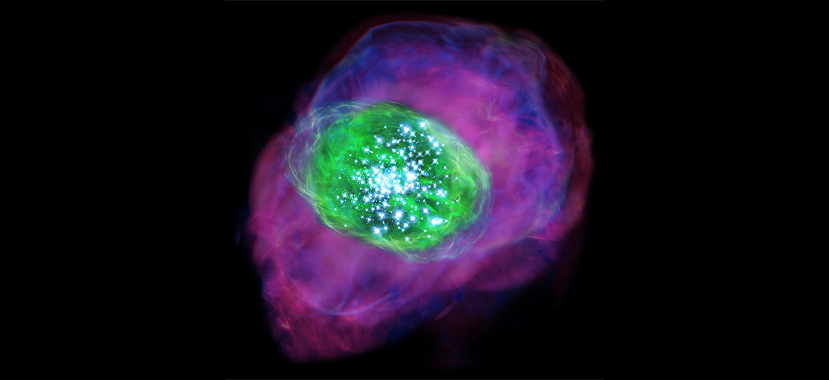 Estrellas jóvenes y brillantes se encuentran en la galaxia e ionizan el gas. El color verde indica oxígeno ionizado detectado por ALMA, el púrpura muestra la distribución del hidrógeno ionizado detectado por el telescopio Subaru.