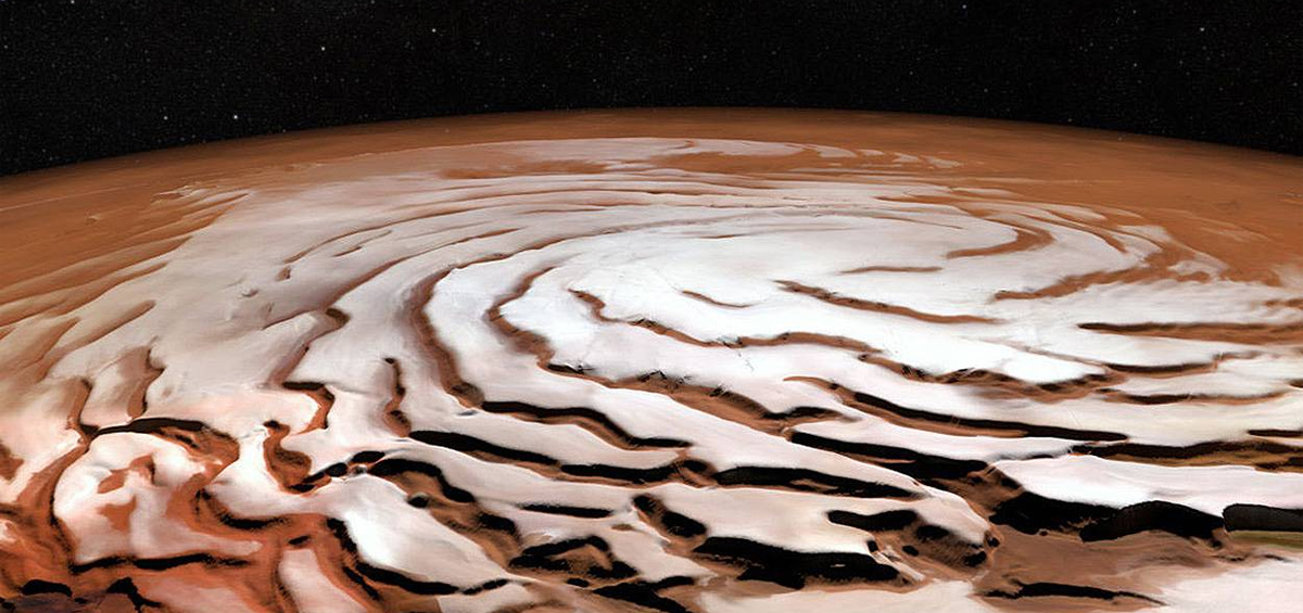 Glaciares en los cañones del casquete polar de Marte. Imagen: ESA, NASA et al.