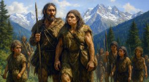 Humano y mujer neanderthal junto a sus hijos que comparten características de ambos. Imagen: IA / Danny Ayala Hinojosa